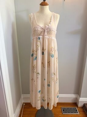 Free People  Blush Sheer Lace-Trim Floral Slip Dress
